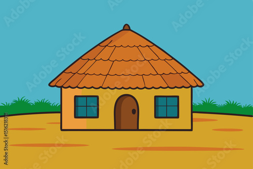Cartoon illustration of a charming residential cottage with a red roof, nestled on a grassy field in a village