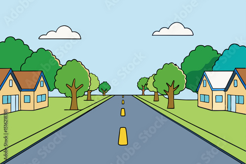 Urban and forest road leading to a city landscape with houses, trees, and sky