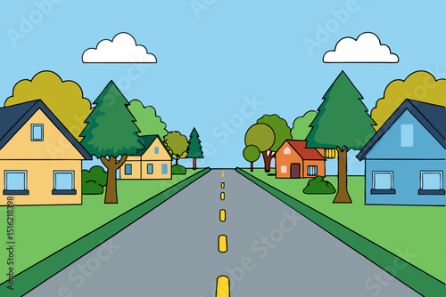 Country road winding through a village landscape with houses, trees, and a distant city under a summer sky