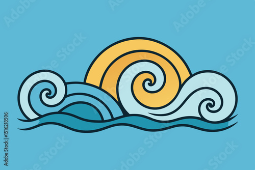 Cute cartoon sea snail illustration on an abstract ocean wave background