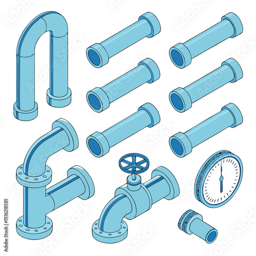 Isometric view of various plumbing pipes fittings and a gauge for construction or industrial applications