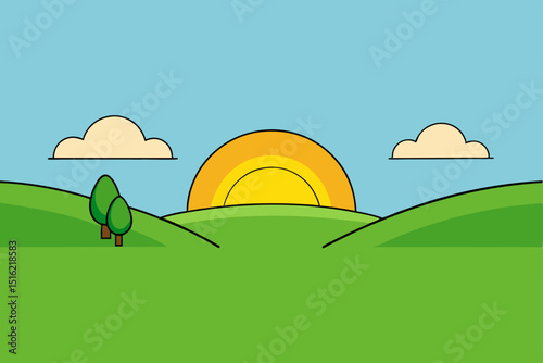 Green grass summer landscape with a blue sky, trees, and distant mountains