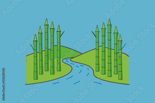 a serene bamboo grove with a gentle stream flowing