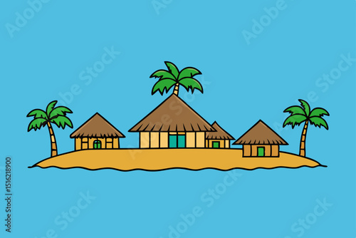 a tropical island village with thatched roof