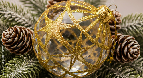 Golden Starry Christmas Ornament With Pinecones And Snow-Dusted Branches photo