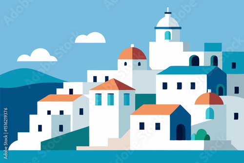 White traditional Greek houses and churches cling to the cliffs of Oia village in Santorini, offering a stunning view of the Mediterranean sky