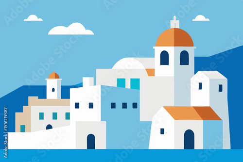 White church with a blue dome in Oia, Santorini, Greece, against a summer sky