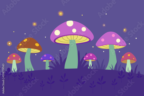 A cute cartoon vector illustration of autumn mushrooms in the forest, like colorful umbrellas protecting from rain