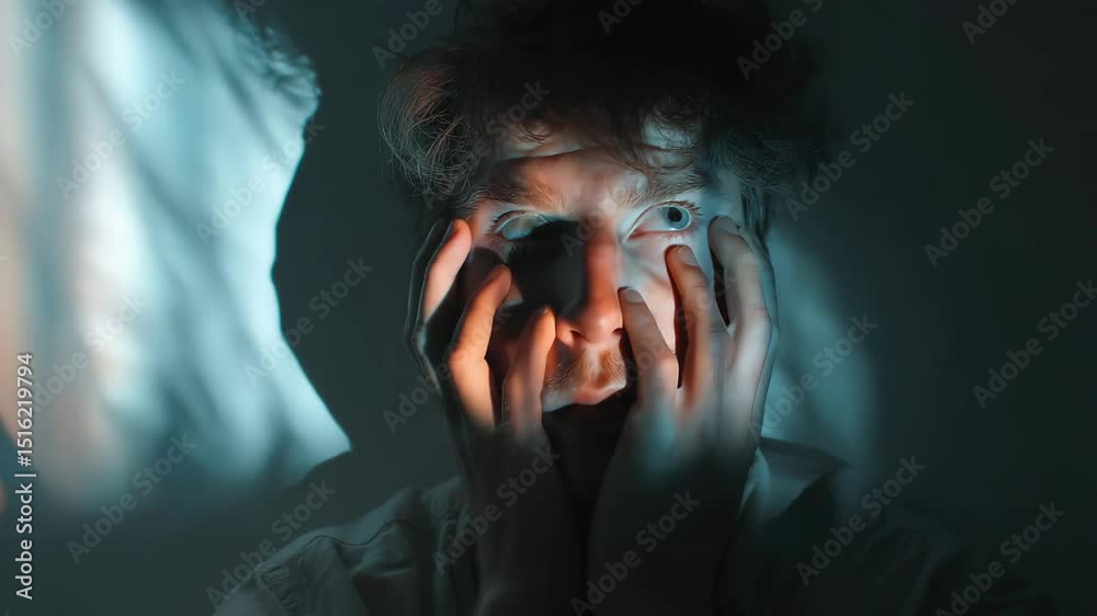 Concept of mental health. Guy see hallucinations. Mushroom lsd trip. Scared man with schizophrenia. Split mind. Person afraid illusion pictures feel fear. Panic attack. Effect of intoxication.