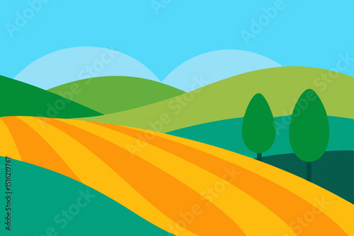 Green, sun-kissed rolling hills meet a vast blue sky with distant mountains, embodying the serene beauty of nature's summer landscape