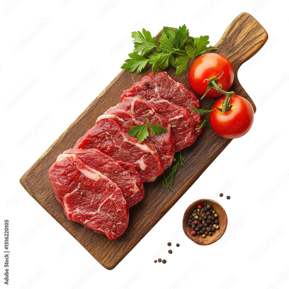 Isolated Raw Steaks on Wooden Board Isolated Raw Steaks on Wooden Board