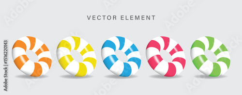 3D Inflatable swimming ring in orange, yellow, blue, pink and green icon set. Rubber pool toy. Swim lifesaver. Summer time objects. Travel and vacation. Cartoon design icons isolated on white.