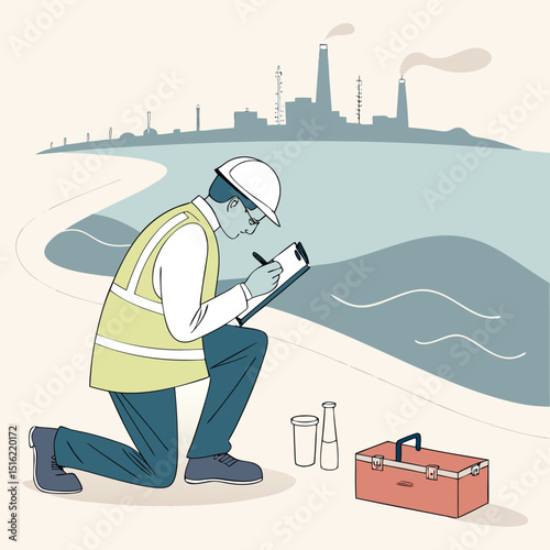 Environmental engineer inspecting water quality with industrial factory background illustration