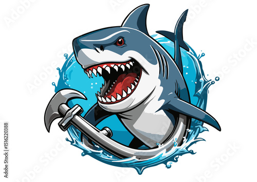 Aggressive Great White Shark Ocean Predator with Anchor Illustration