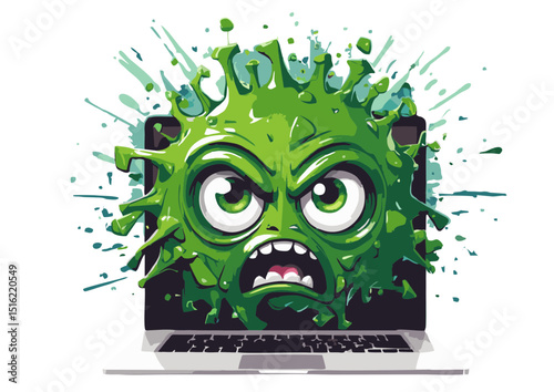 Angry Virus Emerging from Laptop Screen Cybersecurity Threat Illustration