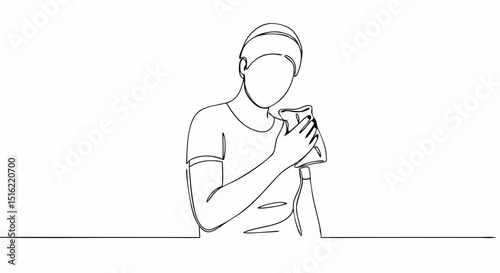 Woman holds a cold compress on her shoulder in minimalist line art  