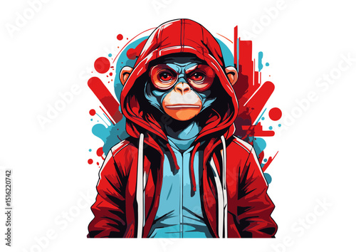 Stylish Monkey in Red Hoodie Urban Primate Illustration