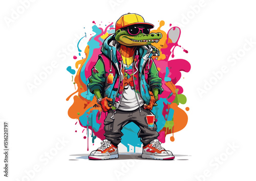 Cool Crocodile Character Illustration Hip-Hop Style Graffiti Art