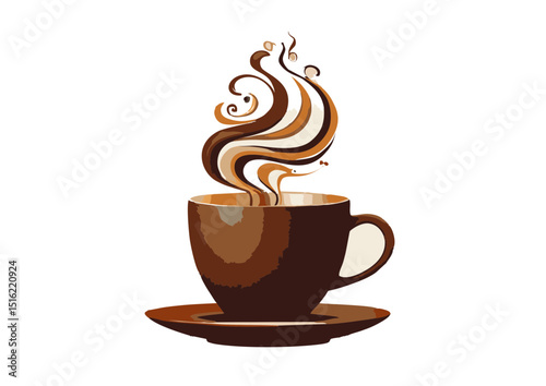 Aromatic Coffee Cup Illustration Steaming Mug of Coffee on Saucer