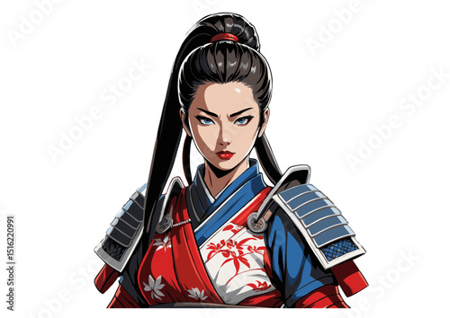 Strong Female Samurai Warrior Digital Illustration of a Powerful Asian Woman in Traditional Armor