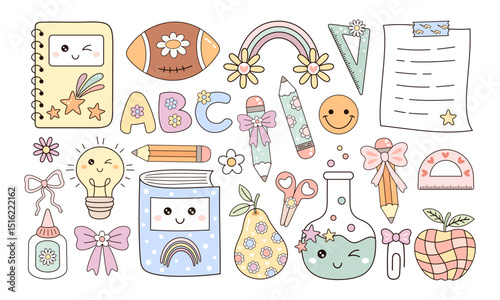 Groovy school clipart set, cute school supplies, retro back to school, pastel school hand drawn vector illustration in flat style	
