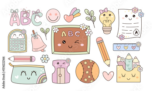 Groovy school clipart set, cute school supplies, retro back to school, pastel school hand drawn vector illustration in flat style	
