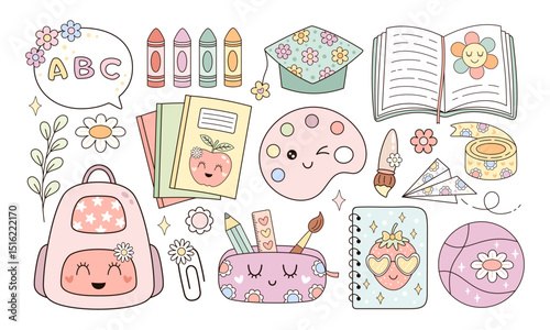 Groovy school clipart set, cute school supplies, retro back to school, pastel school hand drawn vector illustration in flat style	
