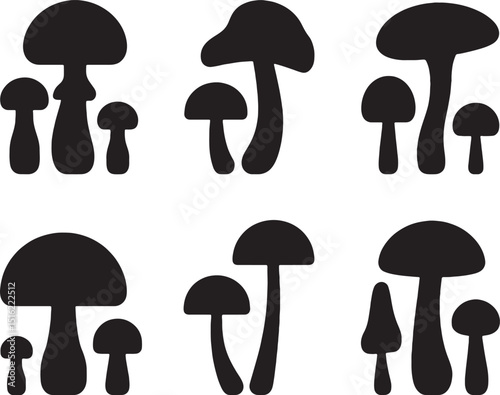 Six sets of silhouettes cute mushrooms fungi