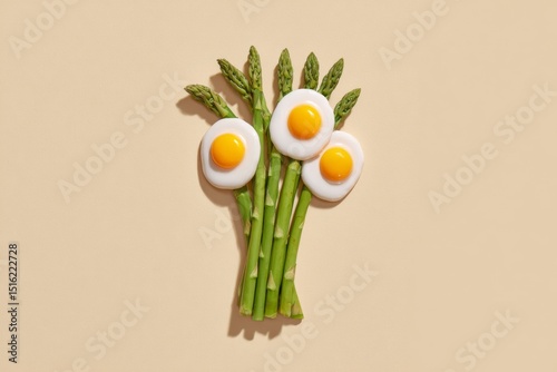 Bunch of fresh asparagus with eggs on beige background