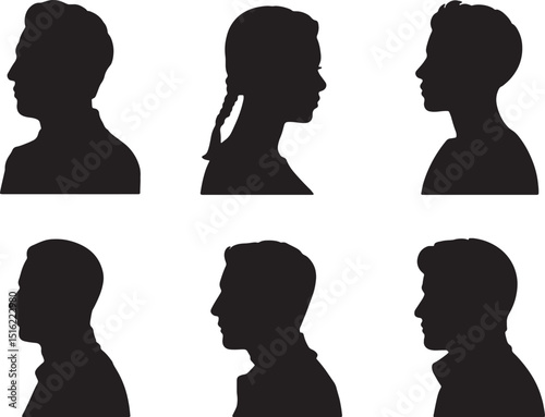 Six profile silhouettes diverse people faces