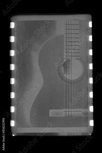 Contact sheet of old black and white film negatives with classic guitar. cinematic art
