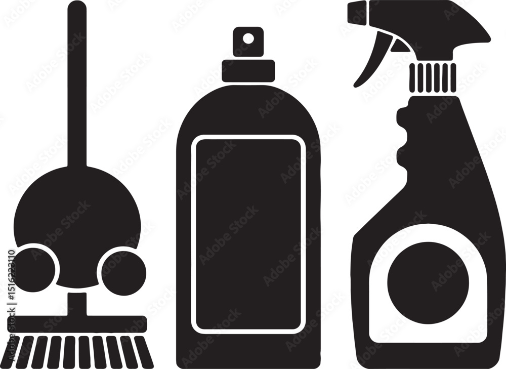 Cleaning supplies icons floor brush spray bottle