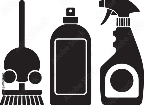 Cleaning supplies icons floor brush spray bottle