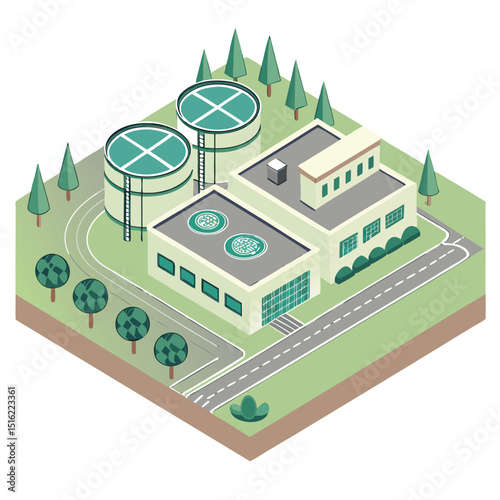 Isometric view of a sustainable industrial plant with water storage tanks and green energy production