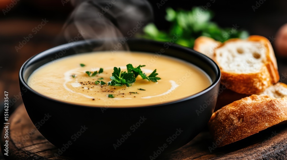 This inviting image features a bowl of steaming soup garnished with herbs, accompanied by freshly baked bread, evoking feelings of comfort and warmth in dining. This inviting image features a bowl of steaming soup garnished with herbs, accompanied by freshly baked bread, evoking feelings of comfort and warmth in dining.
