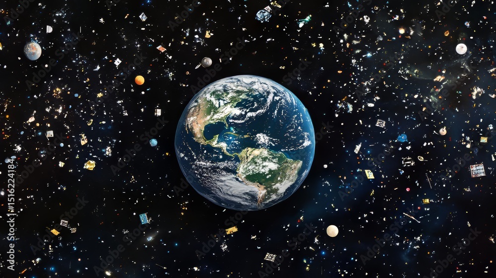 Obraz premium 3D space view showing Earth surrounded by space debris from satellites and ships, highlighting orbital pollution. 