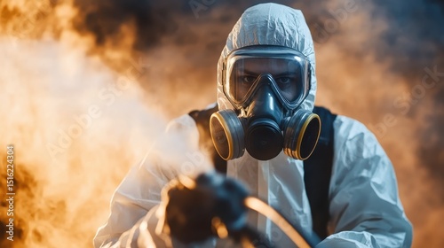 In a tense atmosphere, a person in a hazmat suit sprays a disinfectant, highlighting the importance of safety and precaution in hazardous environments.