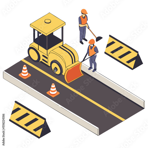 Isometric illustration of road construction showcasing workers and machinery on a street repair project