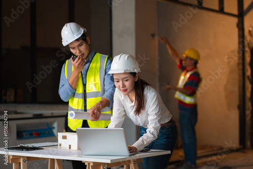 Engineer teams meeting working together wear worker helmets hardhat on construction site. Asian industry professional team.