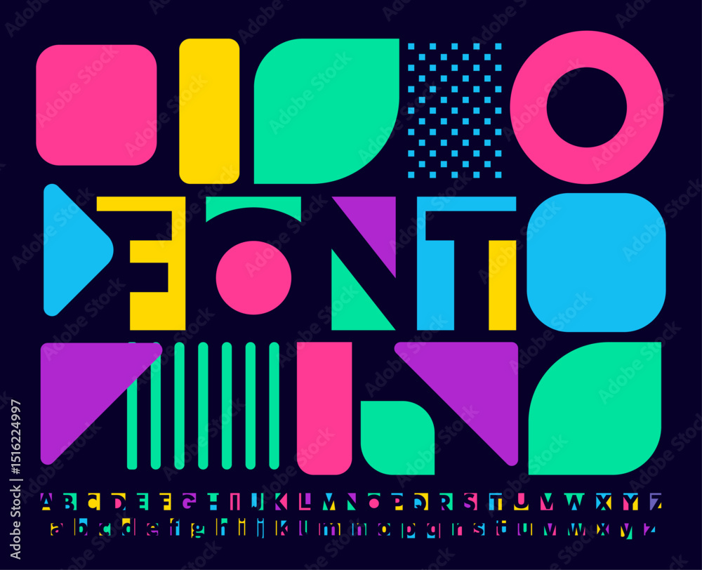 Colorful abstract alphabet, bold playful letters, geometric modular font with vibrant display feel, creative logo branding, modern poster headline, artistic typographic identity. Vector typeset