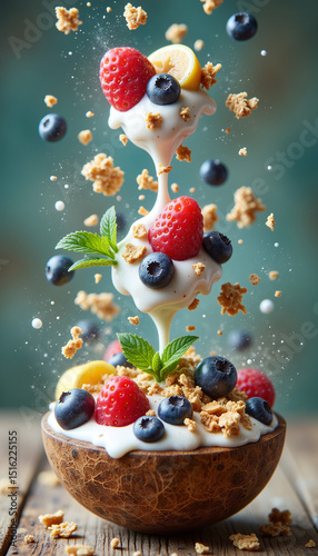 A vibrant smoothie bowl is filled with fresh berries, melon cubes, and granola, set against a teal studio background.