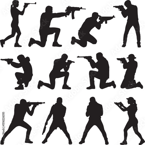 Silhouettes of people shooting guns various poses