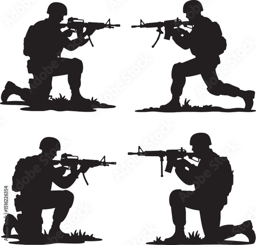 Silhouettes of soldiers kneeling with rifles