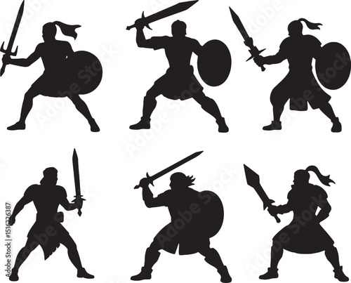 Silhouettes of warriors fighting with swords and shields