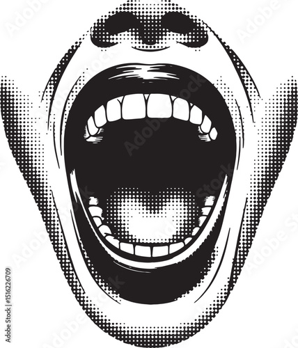 Wide open mouth screaming black and white illustration