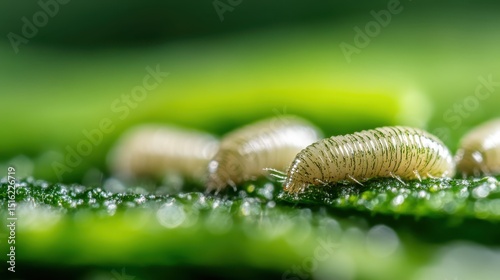 A close-up of tiny larvae resting on a lush green leaf highlights the intricate details of nature, representing growth, life cycles, and the beauty of the natural world.