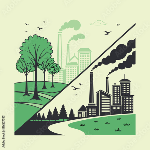Clean City and Polluted City World Environment Day 25 vector style 