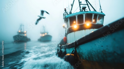A misty harbor scene featuring fishing boats navigating through fog, capturing a sense of adventure and the raw beauty of maritime life in a mysterious atmosphere.