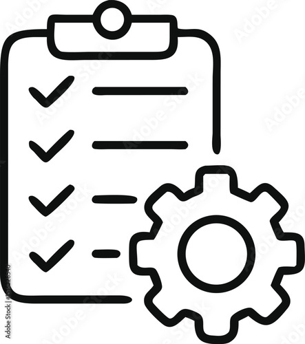 Clipboard with gear icon in line style., Technical support check list isolated on white background, Management business concept, vector illustration