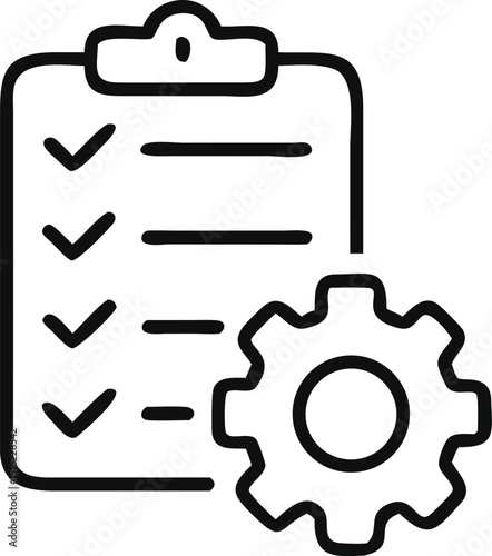 Clipboard with gear icon in line style., Technical support check list isolated on white background, Management business concept, vector illustration